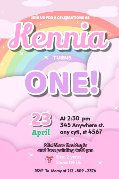 rainbow invitation happy Brithday party temple flayer editablet celebration kids Poster template