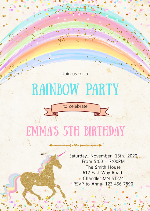 Rainbow unicorn birthday party invitation A6 template