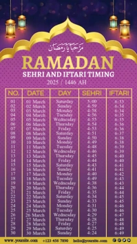 Ramadan 2025 Sehri Iftari Timing Calendar. Ecrã digital (9:16) template