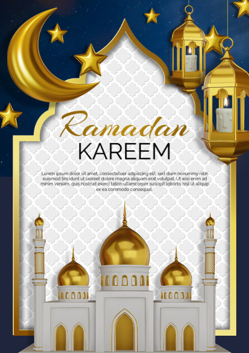 ramadan kareem card with 3d moon, stars, lanterns and mosque A4 template