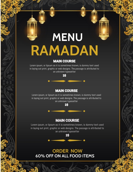 ramadan menu, iftar menu Volantino (US Letter) template