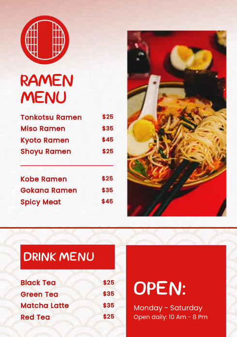 Ramen Menu Red and White Template | PosterMyWall