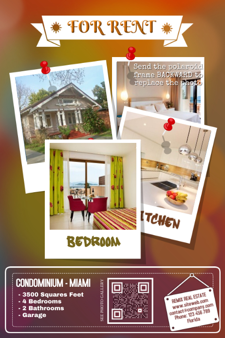 Creative real estate flyers - Great for vacation rentals (4 big photos with Polaroid frames) Poster template