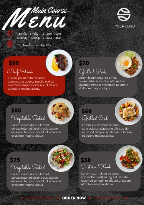 Realistic Food Menu Main course  A4 template