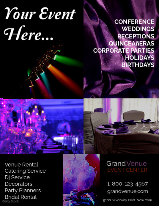 reception hall, event center, banquet, venue, rental, hall Flyer (format US Letter) template