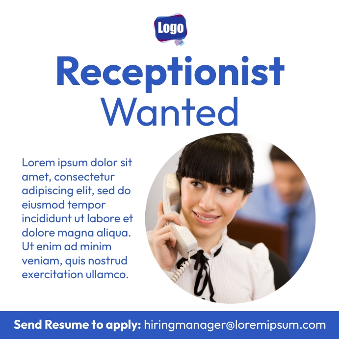 Receptionist wanted hiring flyer Publicação no Instagram template