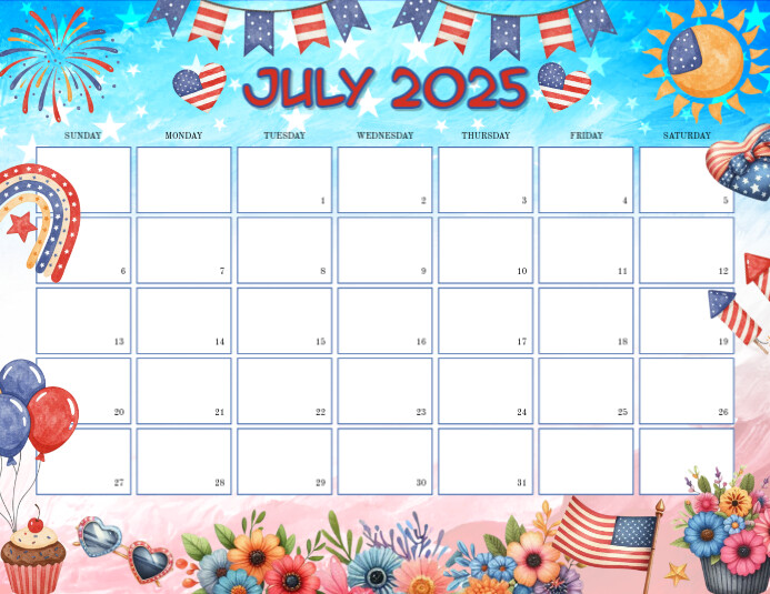 Red & Blue Maximalist July Event Calendar 2025 ใบปลิว (US Letter) template