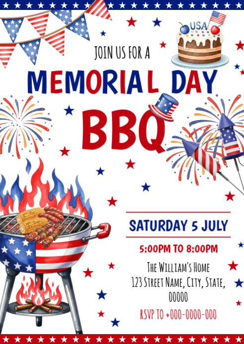 Red & Blue Maximalist Memorial Day Party A6 template
