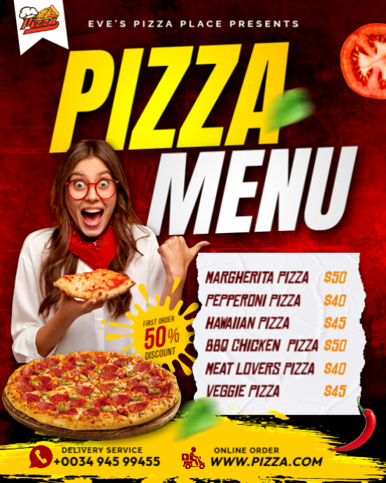 Red 3d Pizza Menu Selection List Options Food Chart Choices Restaurant Card Editable Flyer Template Instagram Portrait