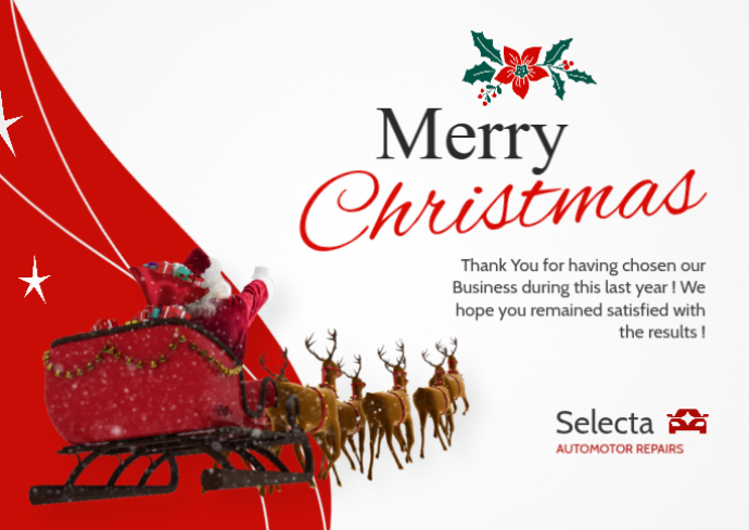 Red and White Corporate Joyful Professional Christmas Greeting Card with Santa Sleigh A6 design template