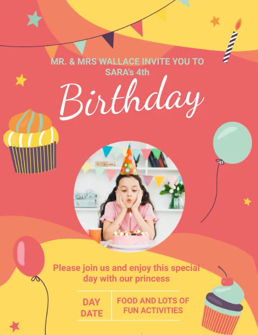 Red and Yellow Birthday Bash Invite Slideshow 传单(美国信函) template