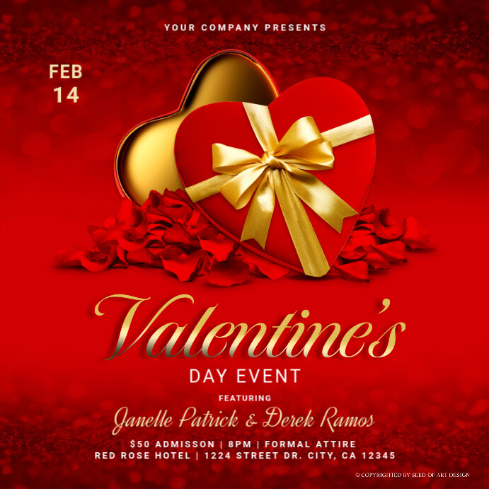Red Bokeh Valentine's Day Event Gold Heart Box Rose Petals Template ...