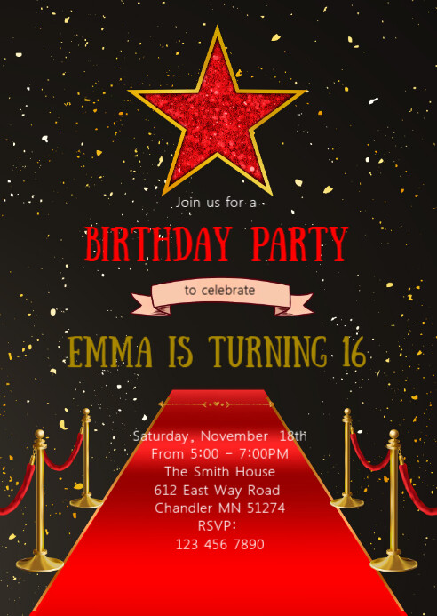 Red carpet hollywood birthday invitation A6 template