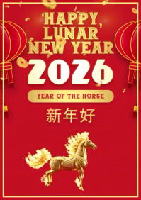 Red Chinese New Year 2026 Year of the Horse Video Flyer A4 template