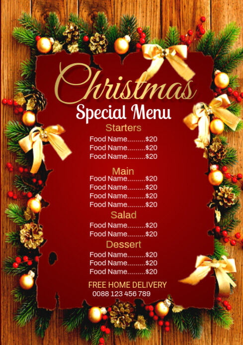 Red Christmas Menu Flyer Template  A4