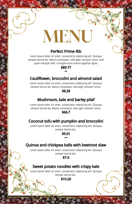 RED ELEGANT RESTAURANT MENU Half Page Wide template