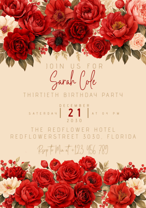 Red Party Invitations Floral Birthday Invitation A5 Template | PosterMyWall
