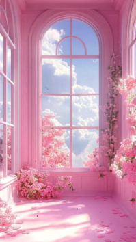 Red Floral Dreamy Floral Window View Digital Display. Luxury Pink Cherry Blossom Aesthetic Room Back template