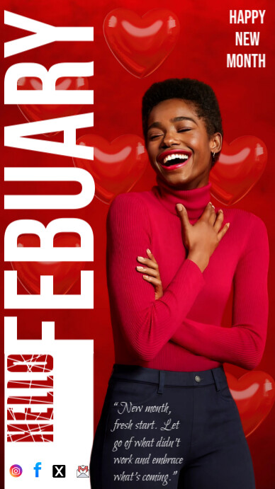 Red Floral Happy New Month Of February Digital Display (9:16) Template ...
