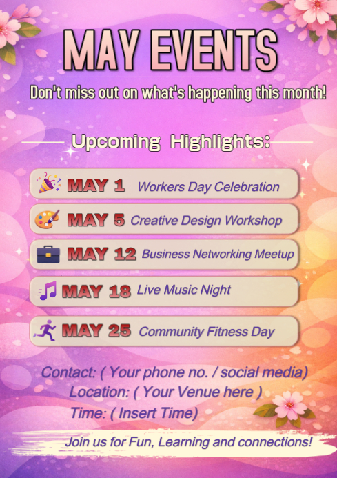 Red Floral May Events A4 Template | PosterMyWall
