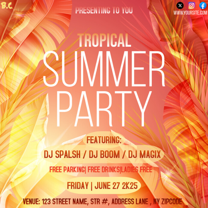 Red Floral Tropical Summer Party Flyer Template – Dj Night, Free Drinks & Island Vibes Instagram Pos