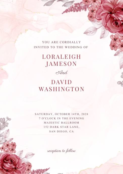 Red Floral Watercolor Wedding Invitation A5 template