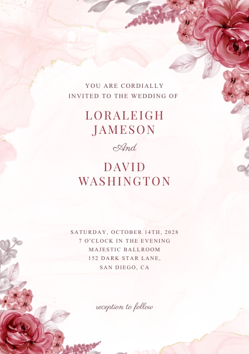 Red Floral Watercolor Wedding Invitation A5 template