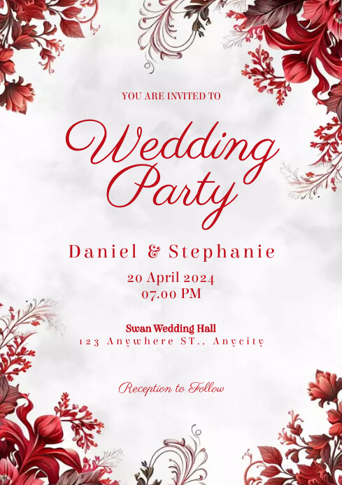 Red Floral Wedding Invitation Template | PosterMyWall