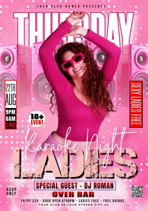 Red Gradient Thursday Karaoke Ladies Night Party Flyer A4 template