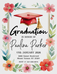 red graduation cap floral graduation invitation Flyer (format US Letter) template