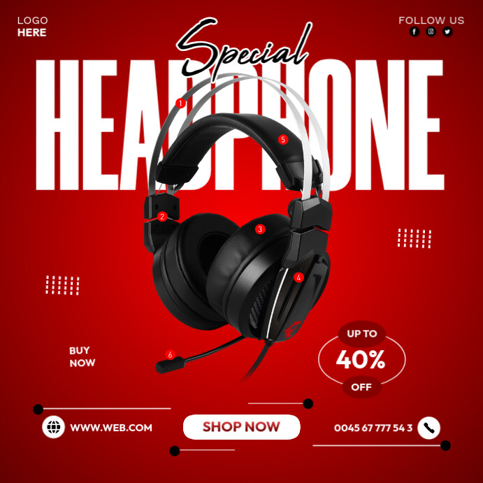 Red Headphone Sale Poster Square (1:1) template