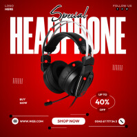 Red Headphone Sale Poster Square (1:1) template