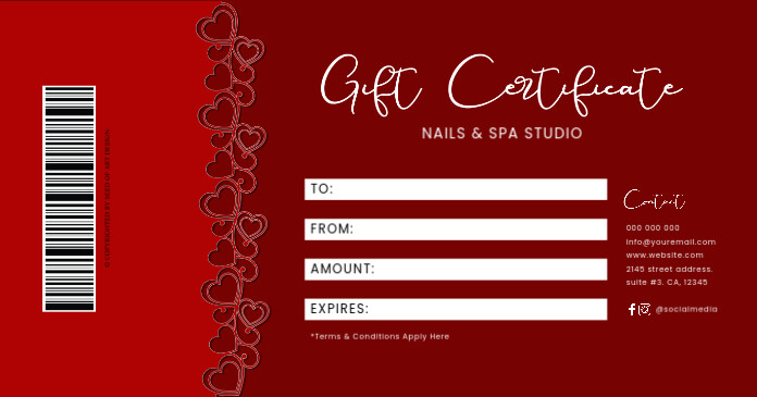 Red Hearts Vintage Valentine's Business Gift Card Certificate Facebook Shared Image template