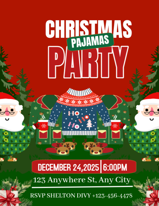 Red Illustrative Festive Christmas Pajamas Party Invitation Flyer Flyer ...