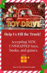 Red Joyful Animated Christmas Toy Drive Template | Red Truck & Candy Cane Tabloid Tabloide
