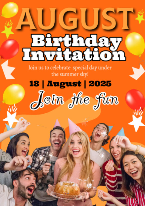 Red Joyful August Birthday Invitation A2 Template | PosterMyWall