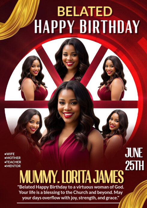 Belated birthday design for pastor wife. Red elegant background A4 template