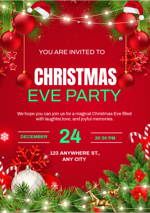 Red Joyful Christmas Eve Party Invitation A5 Template | PosterMyWall