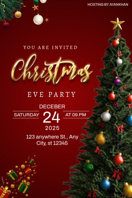 Red Joyful Christmas Eve Party Poster Template | PosterMyWall