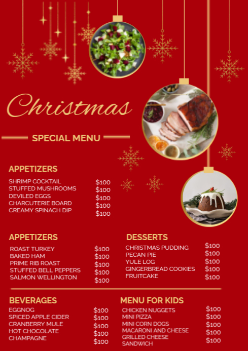 Red Joyful Christmas Party Manu A4 Template | PosterMyWall