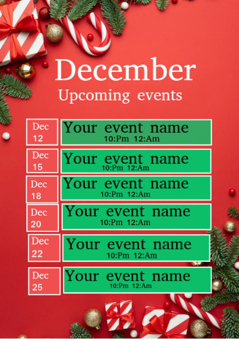 Red Joyful December Upcoming Events A4 Template | PosterMyWall