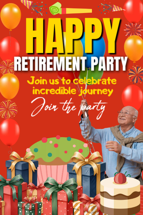 Retirement Poster Examples Red Joyful Happy Retirement Party Poster Template | PosterMyWall