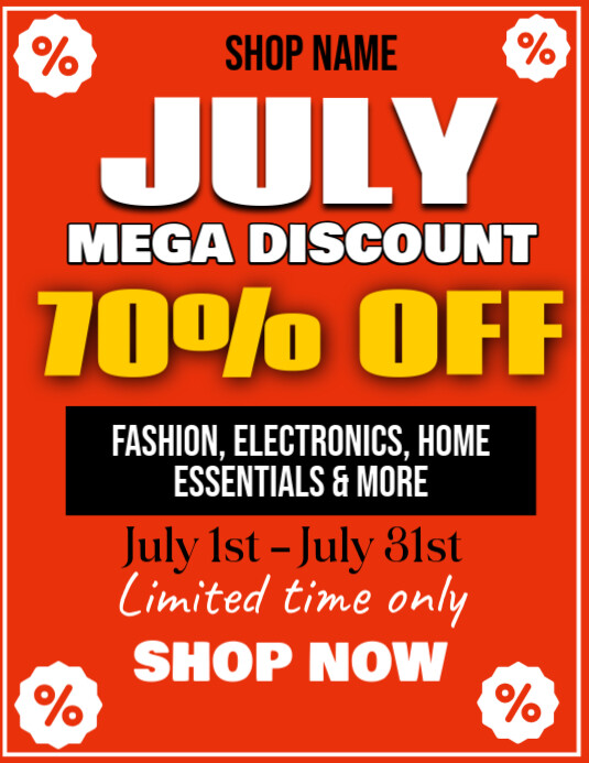 Red Joyful July Mega Discount Flyer (us Letter) Template | PosterMyWall