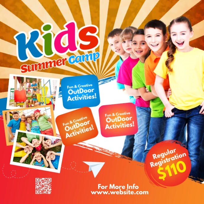 Red Joyful Kids Summer Camp Video Ad Square ( Kwadrat (1:1) template