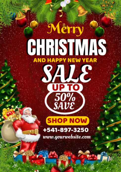 Red Joyful Merry Christmas And Happy New Year Sale Offer Flyer A4 ...