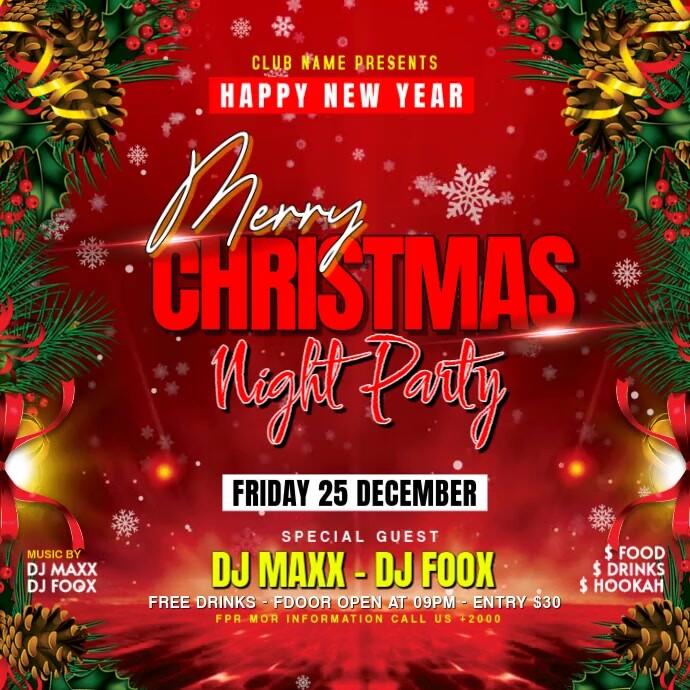 Red Joyful Merry Christmas Night Party Flyer Square (1:1) Template ...