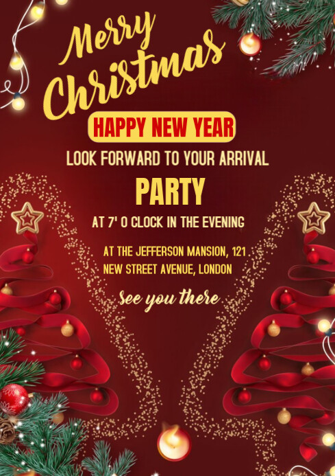 Red Joyful Merry Christmas Party Flyer A4 Template | PosterMyWall