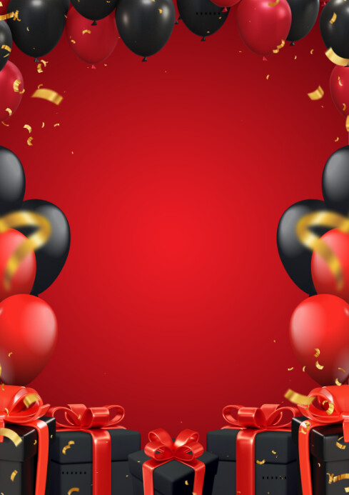 Red Joyful Red And Black Celebration Party Background With Balloms And Gifts  A2 template