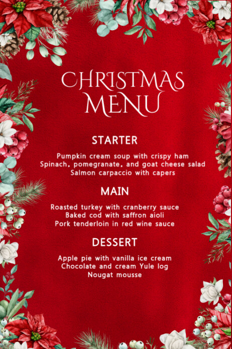 Red Joyful Red Floral Festive Christmas Dinner A4 Menu Poster Cartaz template