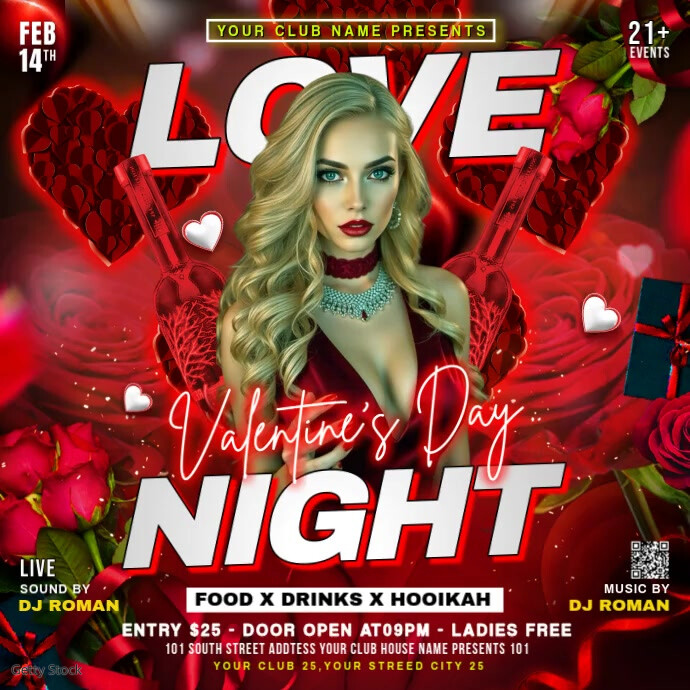 Red Joyful Valentines Day Love Night Party Flyer Square (1:1) template